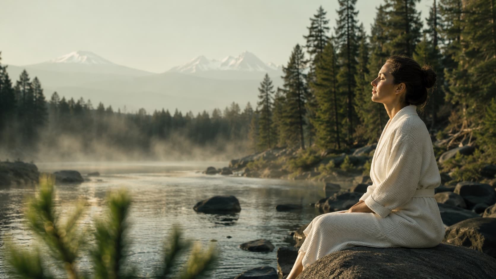 A woman in a spa robe at the edge of the Deschutes River at dawn, the Cascades on the horizon